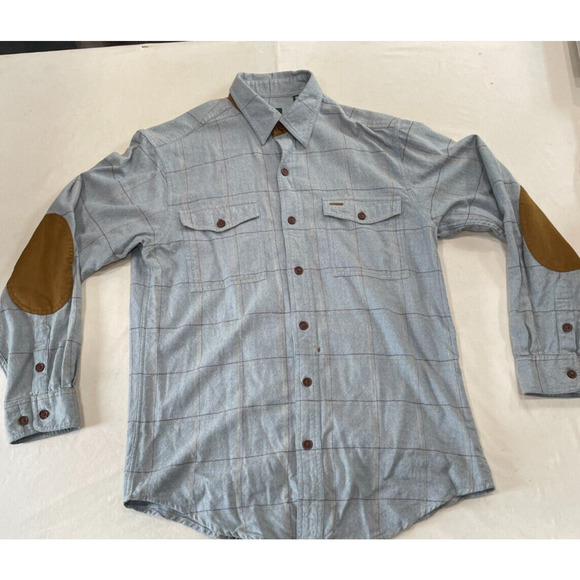 ORVIS Blue Button Up Leather Patch Shirt Men's M Long Sleeve - Picture 2 of 5